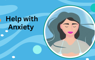 water background with a graphic of a woman floating on water. Words help with anxiety.