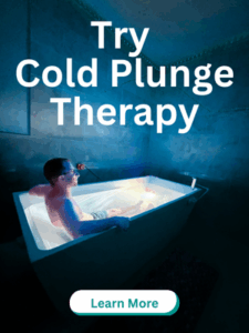 Image of a man in a cold plunge bath with words, Try Cold Plunge Therapy, Learn More