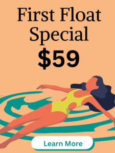 digital drawing of a woman floating and the words first float special $59. Click to Learn More